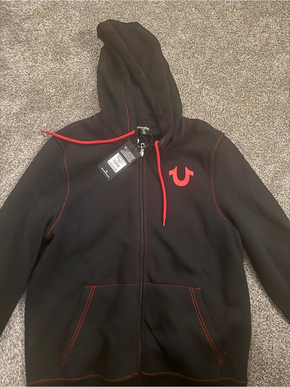 Men's True Religion Zip Up Hoodie Sweatshirt Black W/red Size Large NWT